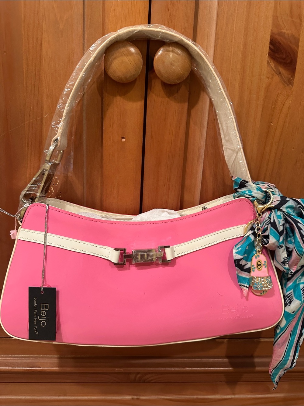 Beijo Pink Shoulder Bag with White Accents and Scarf Charm
